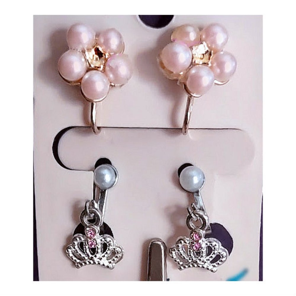 2 Pr Clip Earrings; Crowns & Pink Pearls